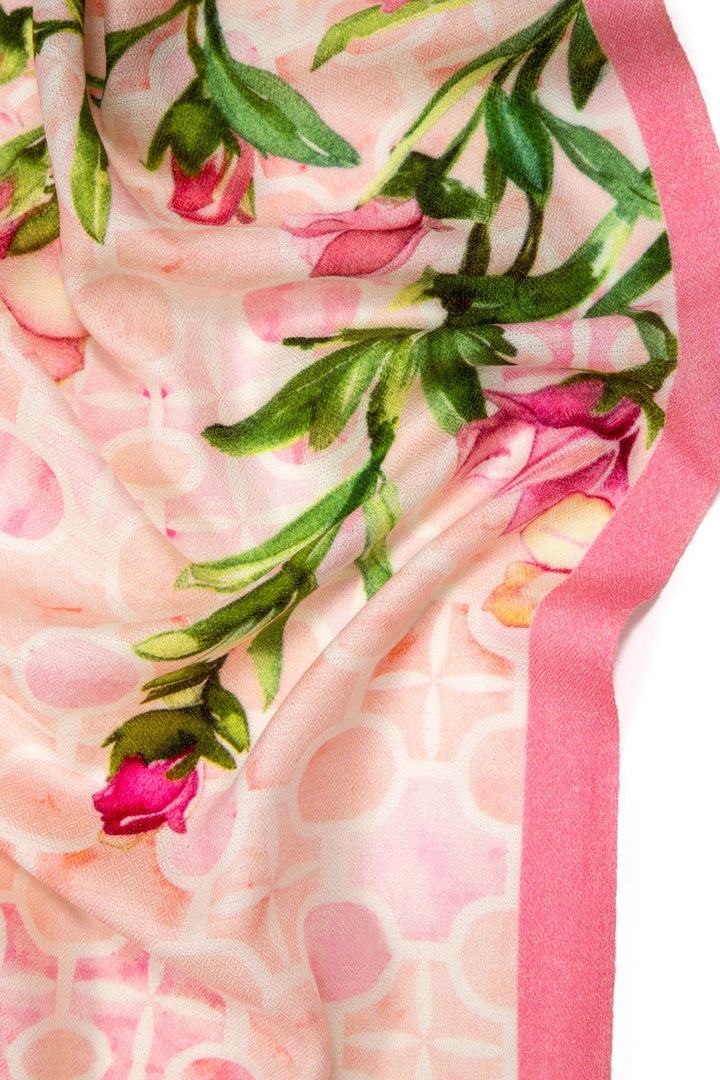 Elegant Merino wool and silk shawl draped over shoulders,perfect for women's evening wear
