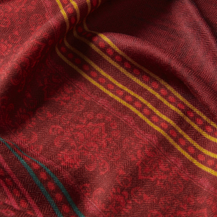 Elegant Merino wool and silk shawl draped over shoulders,perfect for women's evening wear